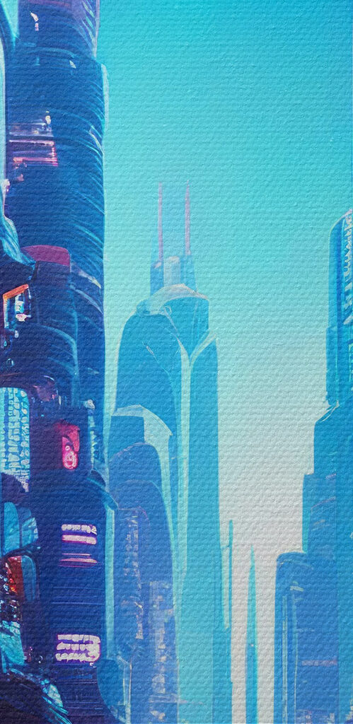 City street with many tall buildings