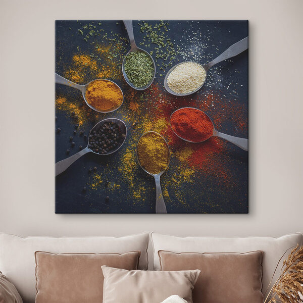 A group of spoons with different spices