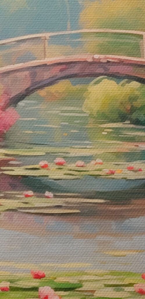 Bridge over a pond with lily pads and flowers Bridge over a pond with lily pads and flowers