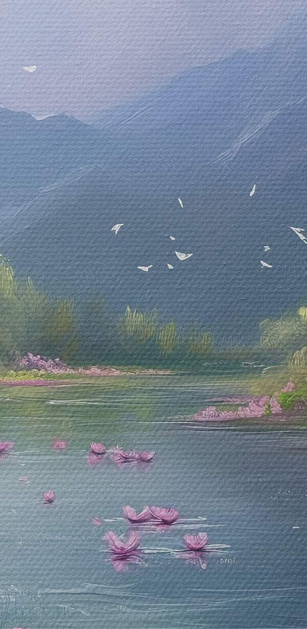 River with flowers and mountains in the background
