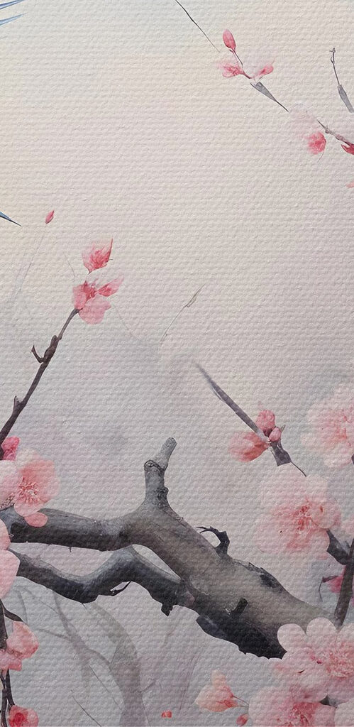 Bird on a branch with pink flowers Bird on a branch with pink flowers