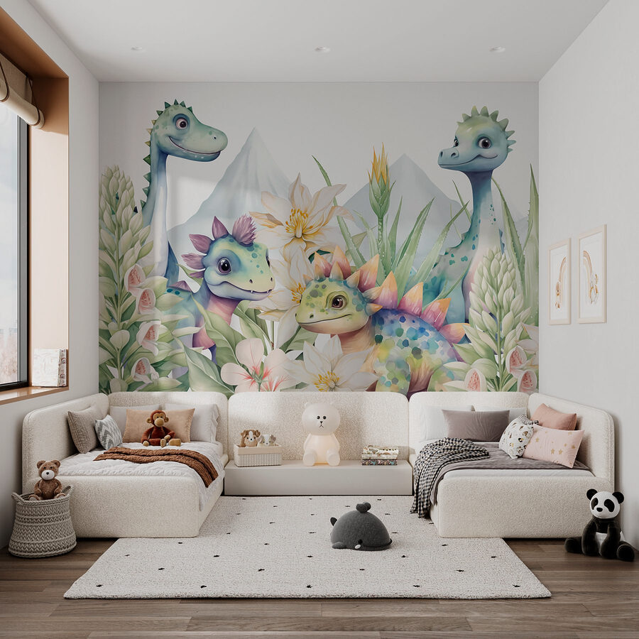 Gruppo di dinosauri circondati da fiori