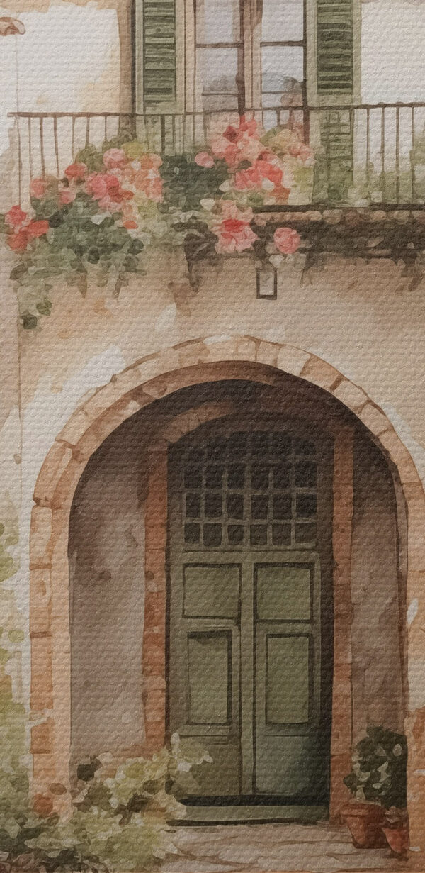 Painting of a house with potted plants Painting of a house with potted plants