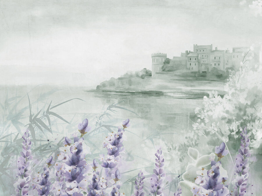 Acquerello di un castello e fiori