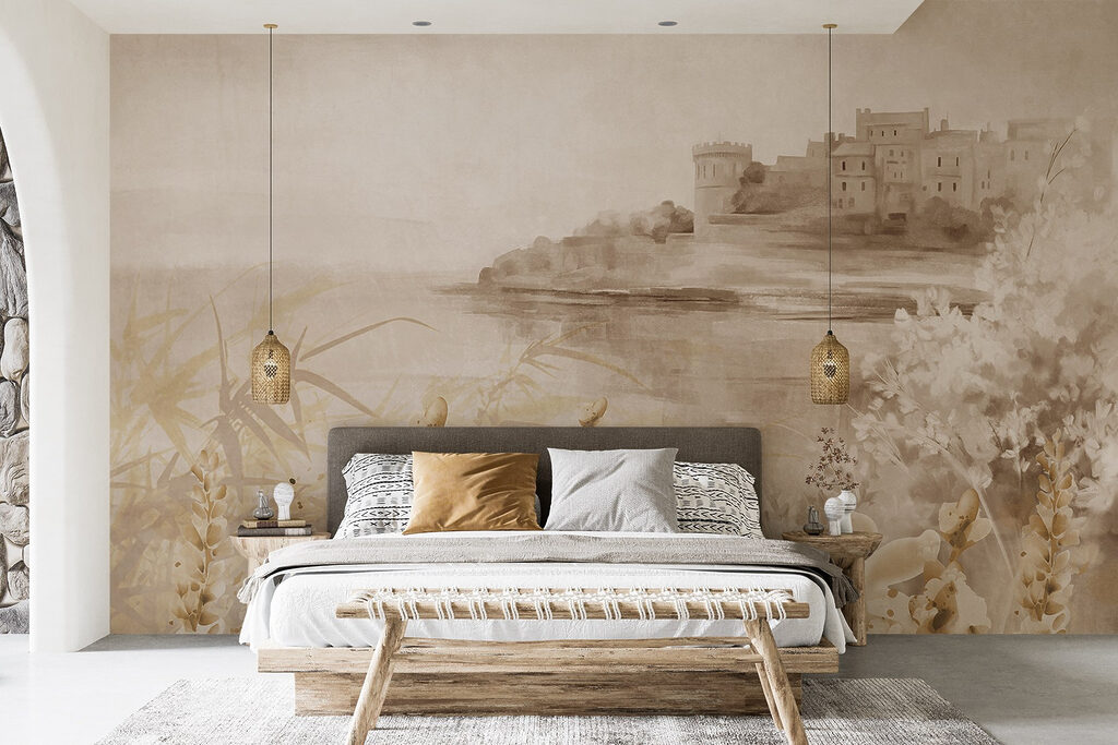 Painting of a castle and a lake