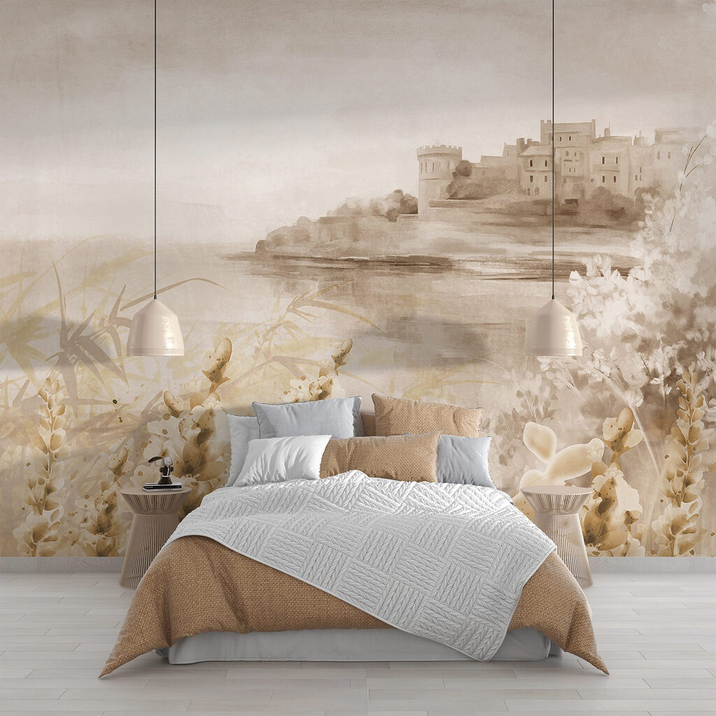 Painting of a castle and a lake