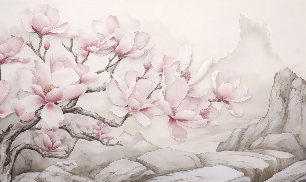 Pittura di un albero con fiori rosa Pittura di un albero con fiori rosa