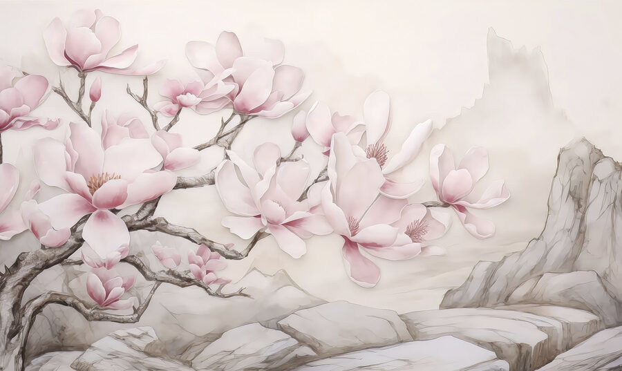 Pittura di un albero con fiori rosa Pittura di un albero con fiori rosa