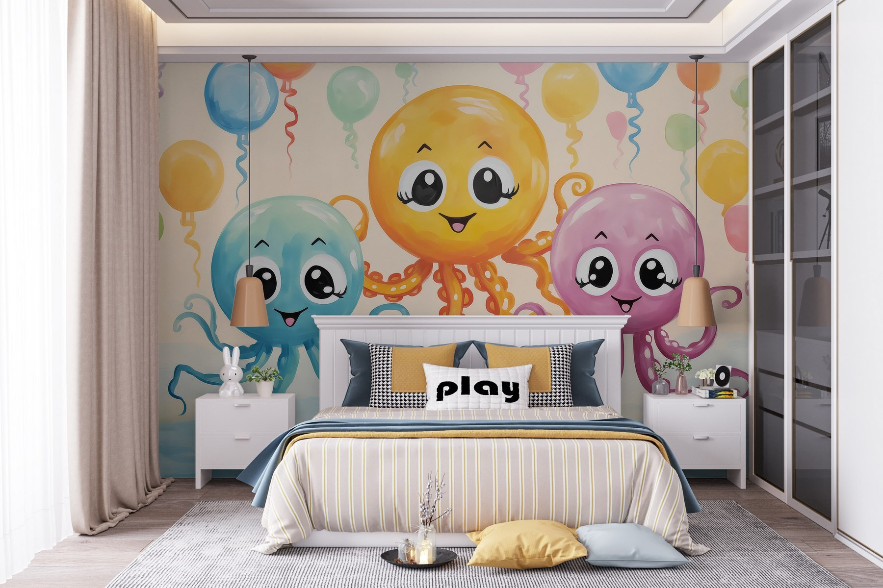 Group of octopuses with balloons