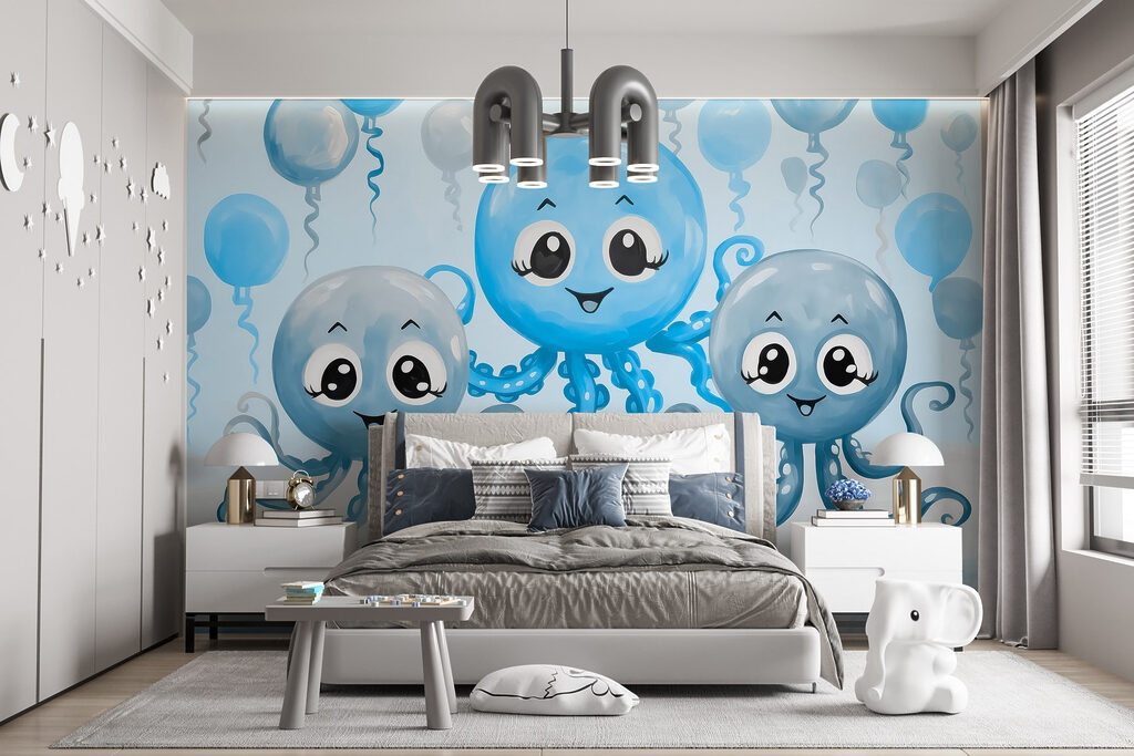 Group of octopuses with balloons