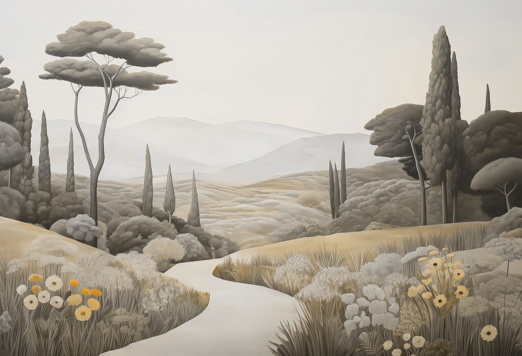 Paesaggio con strada tortuosa e alberi Paesaggio con strada tortuosa e alberi
