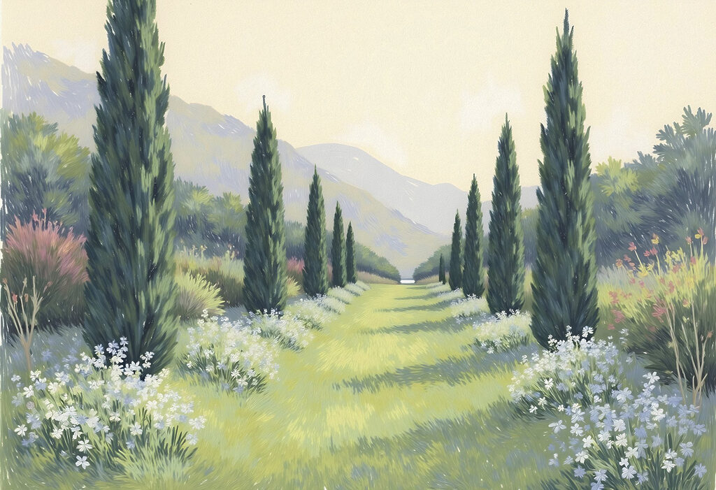 Painting of a landscape with trees and flowers