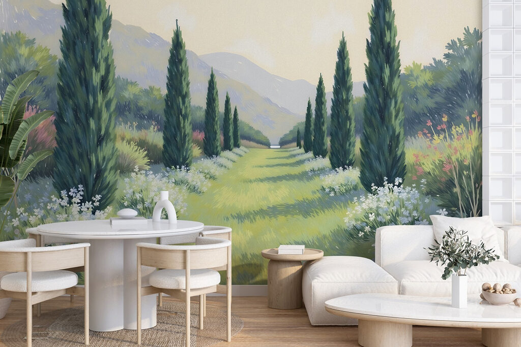 Painting of a landscape with trees and flowers