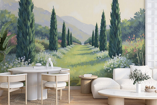 Painting of a landscape with trees and flowers