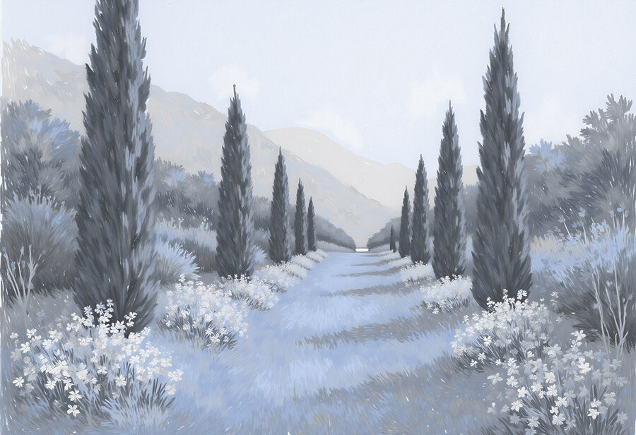 Paesaggio con alberi e fiori