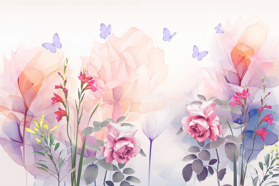 Gruppo di fiori con farfalle
