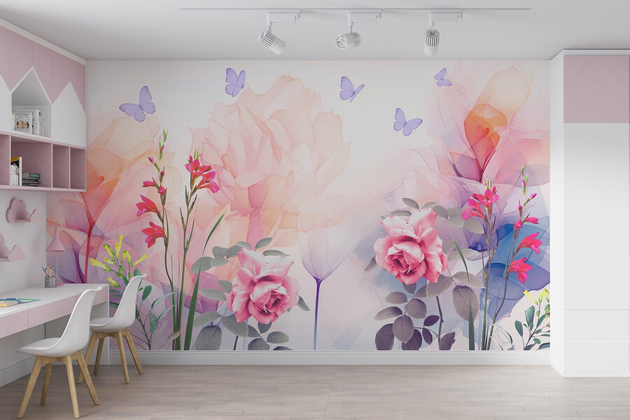 Gruppo di fiori con farfalle