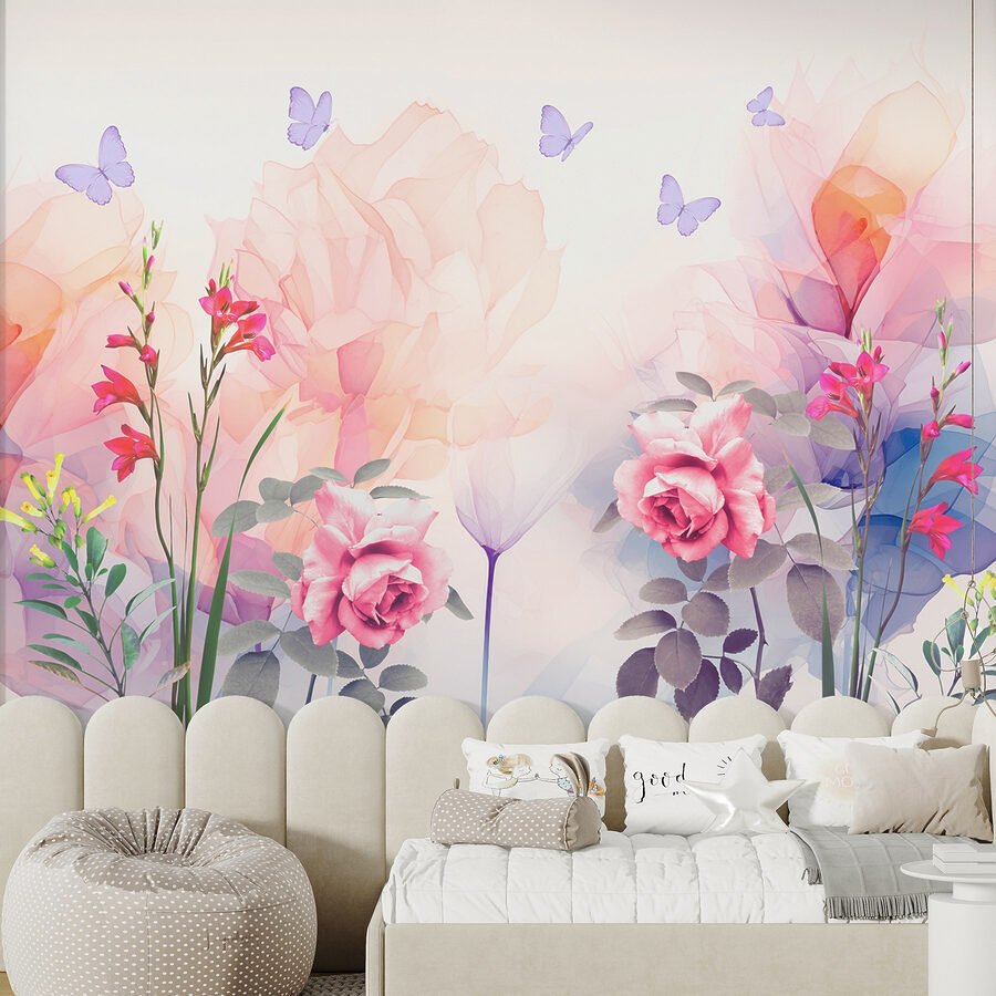 Gruppo di fiori con farfalle