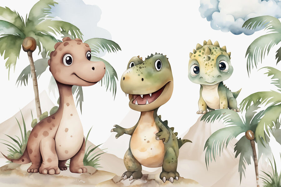 Gruppo di dinosauri in piedi sulle rocce