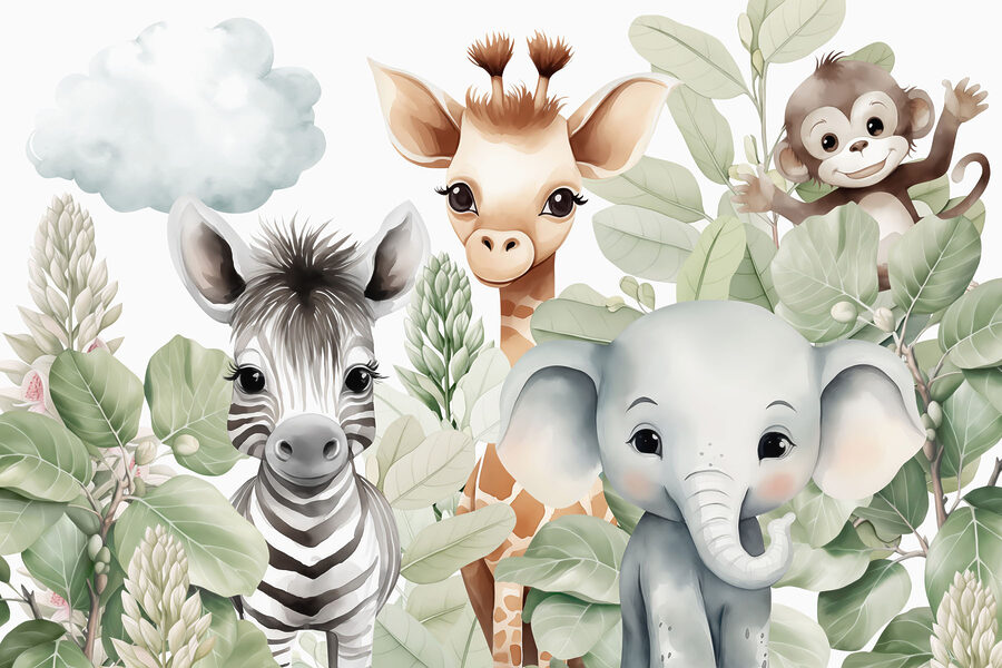 Gruppo di animali con foglie
