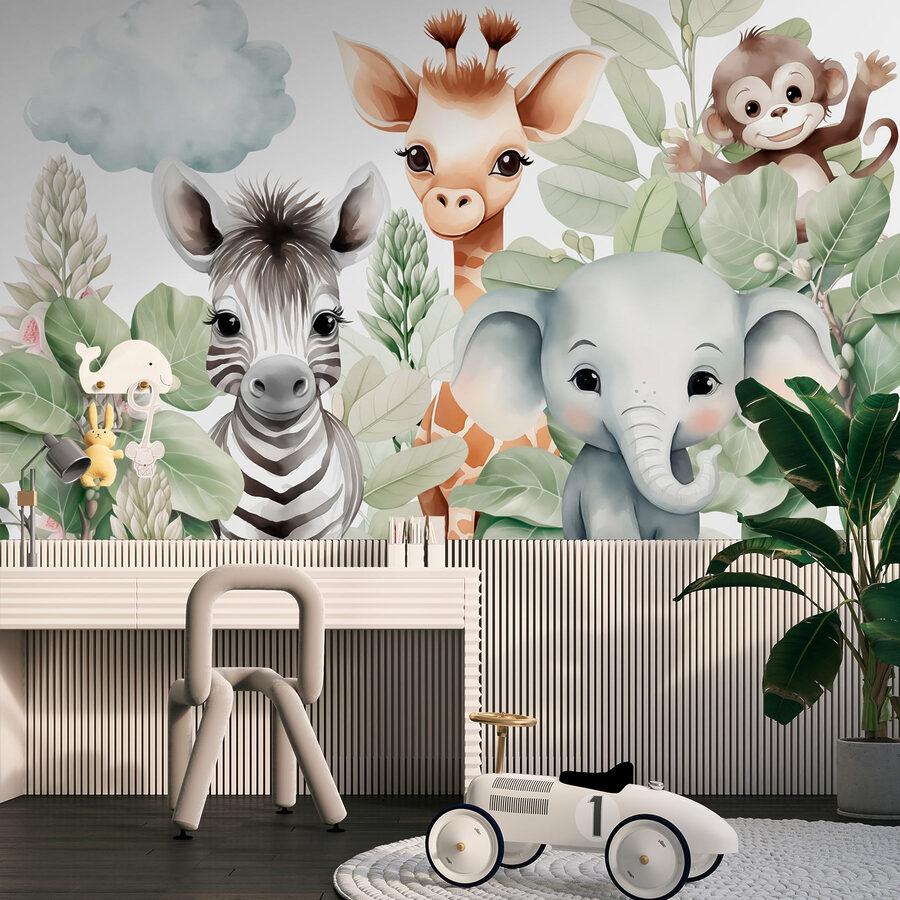Gruppo di animali con foglie