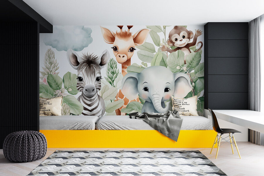 Gruppo di animali con foglie