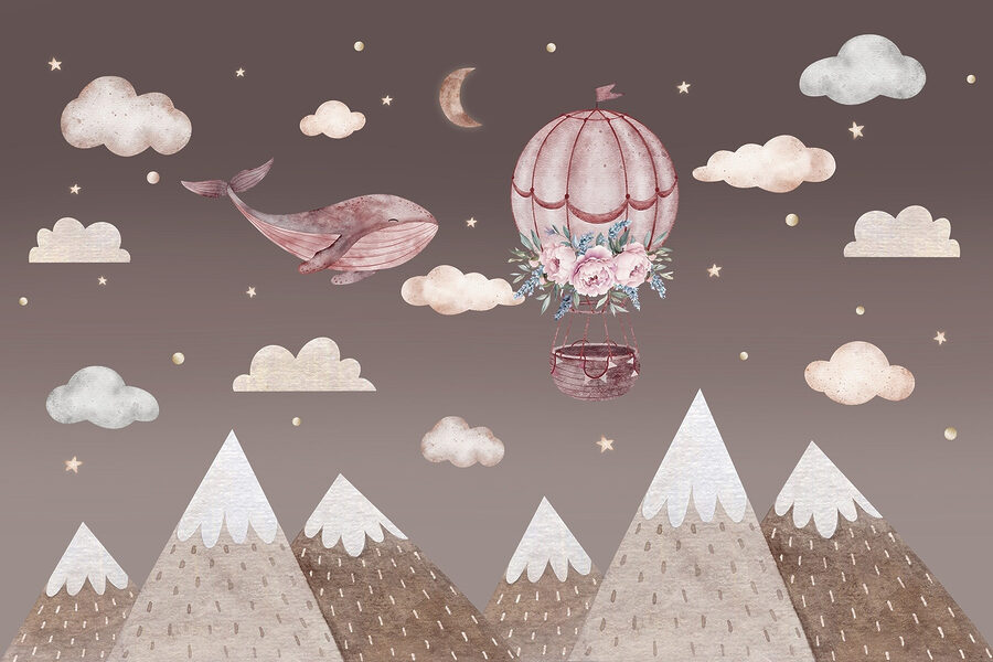 Balena e mongolfiera in cielo