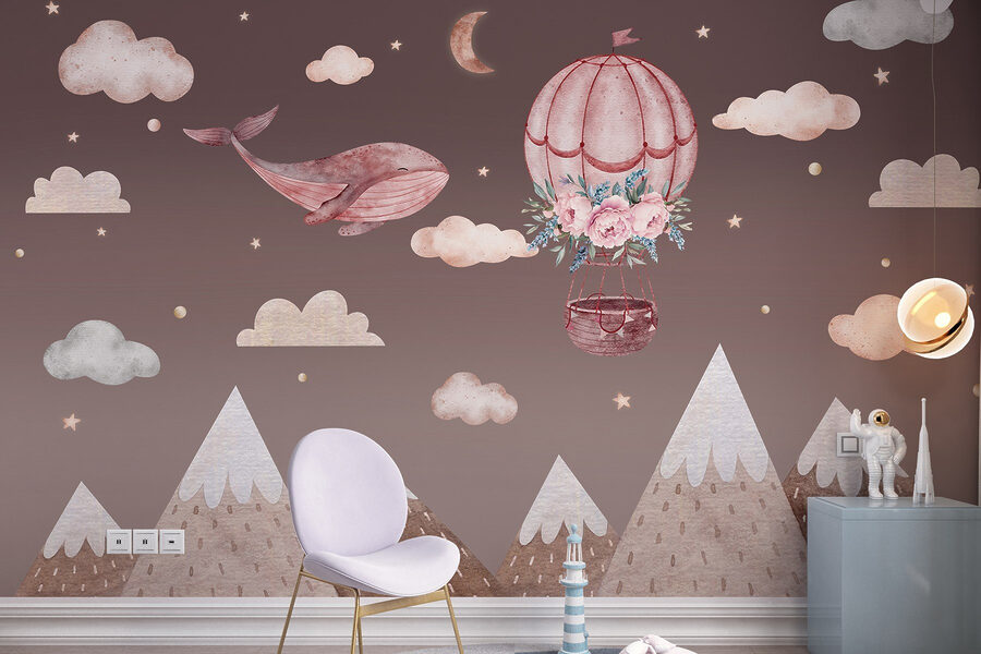 Balena e mongolfiera in cielo