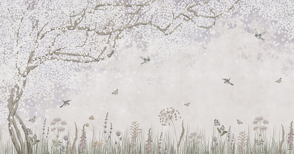 Pittura di un giardino con fiori e farfalle Pittura di un giardino con fiori e farfalle