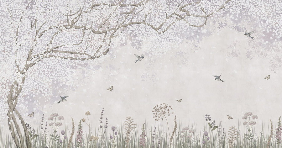 Pittura di un giardino con fiori e farfalle