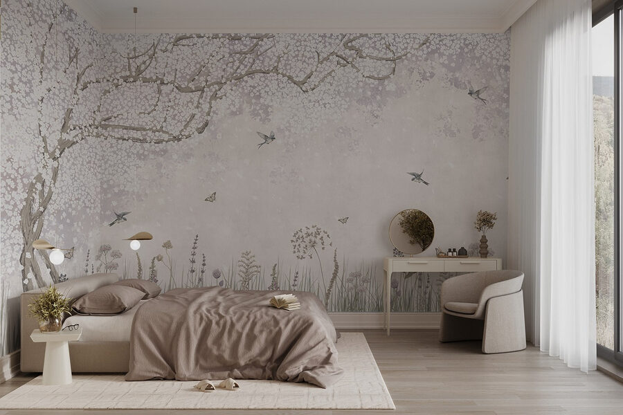 Pittura di un giardino con fiori e farfalle