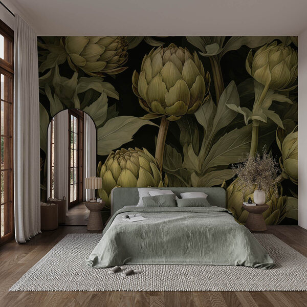 Carta da parati Carta da parati Carciofi con foglie e gambi su sfondo nero (COD: w03628)