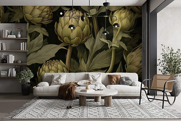 Artichokes with leaves and stems on a black background