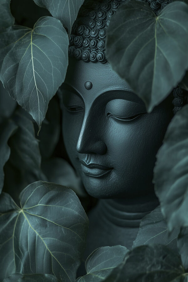 Statue of a person's face surrounded by leaves Statue of a person's face surrounded by leaves