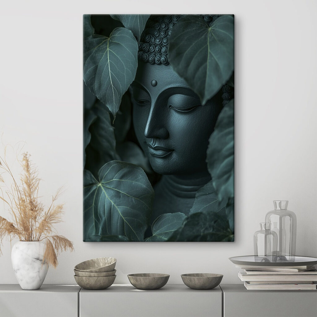 Statue of a person's face surrounded by leaves Statue of a person's face surrounded by leaves
