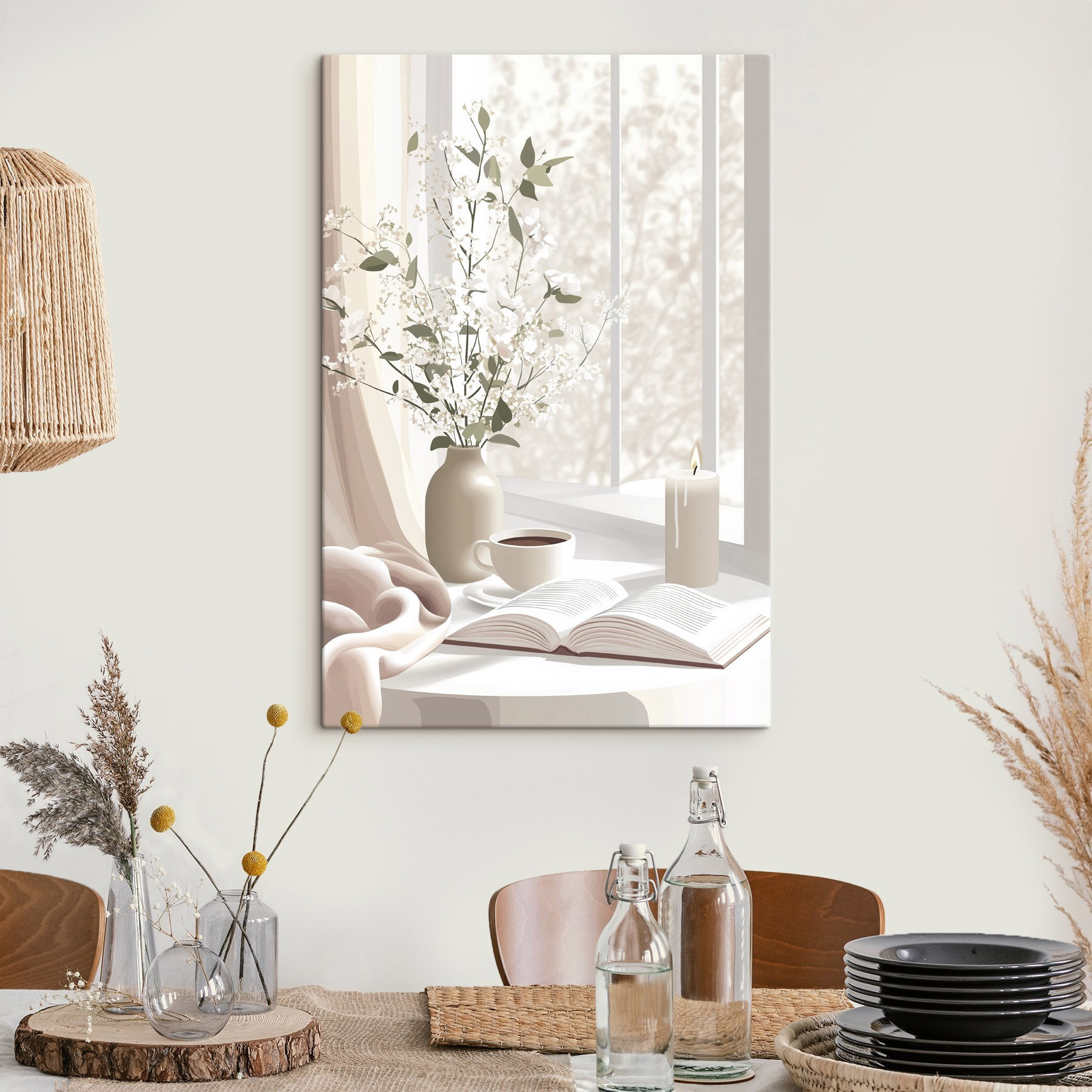 Cup of coffee and a vase of flowers on a window sill Cup of coffee and a vase of flowers on a window sill