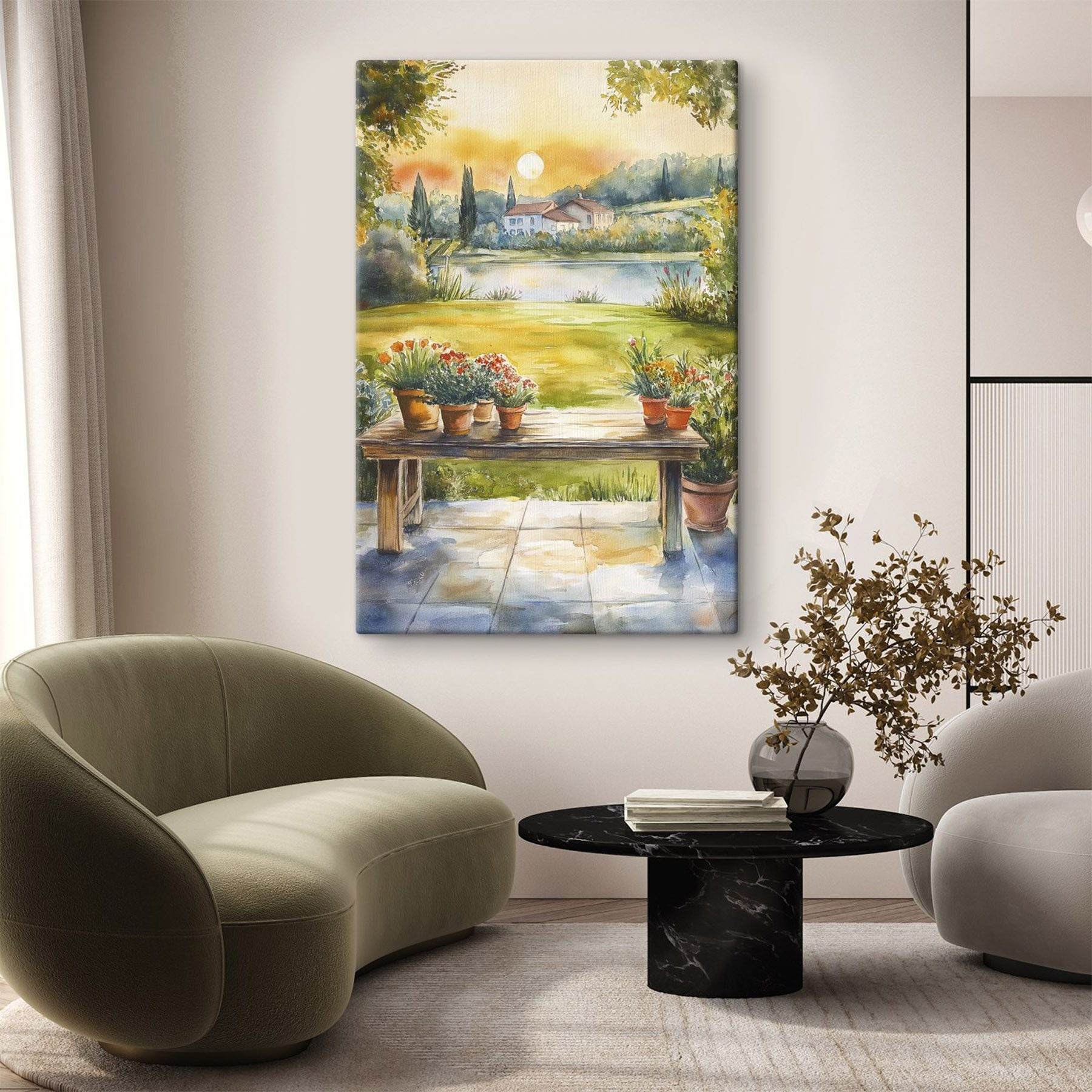 Watercolor painting of a table with potted plants on it Watercolor painting of a table with potted plants on it