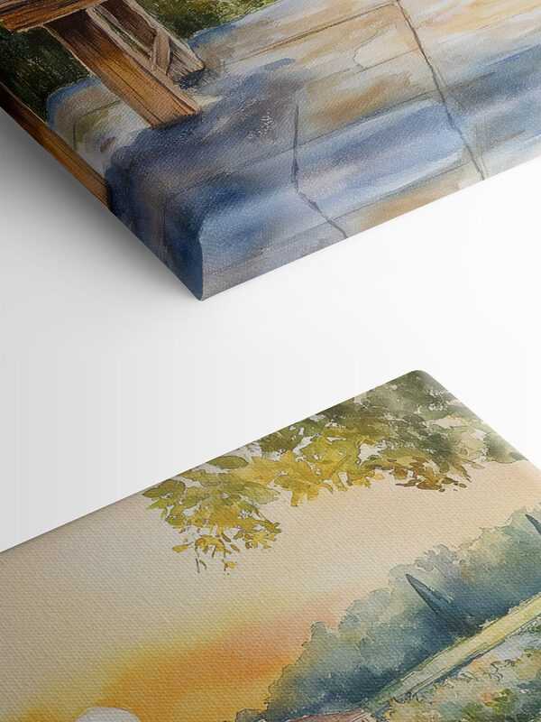 Watercolor painting of a table with potted plants on it Watercolor painting of a table with potted plants on it