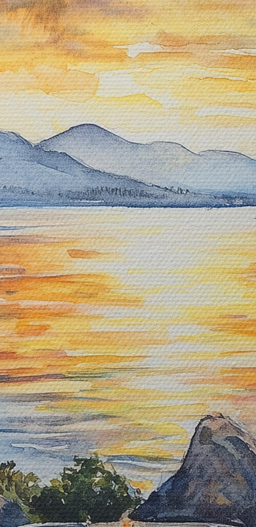 Watercolor painting of chairs around a fire pit overlooking a lake Watercolor painting of chairs around a fire pit overlooking a lake