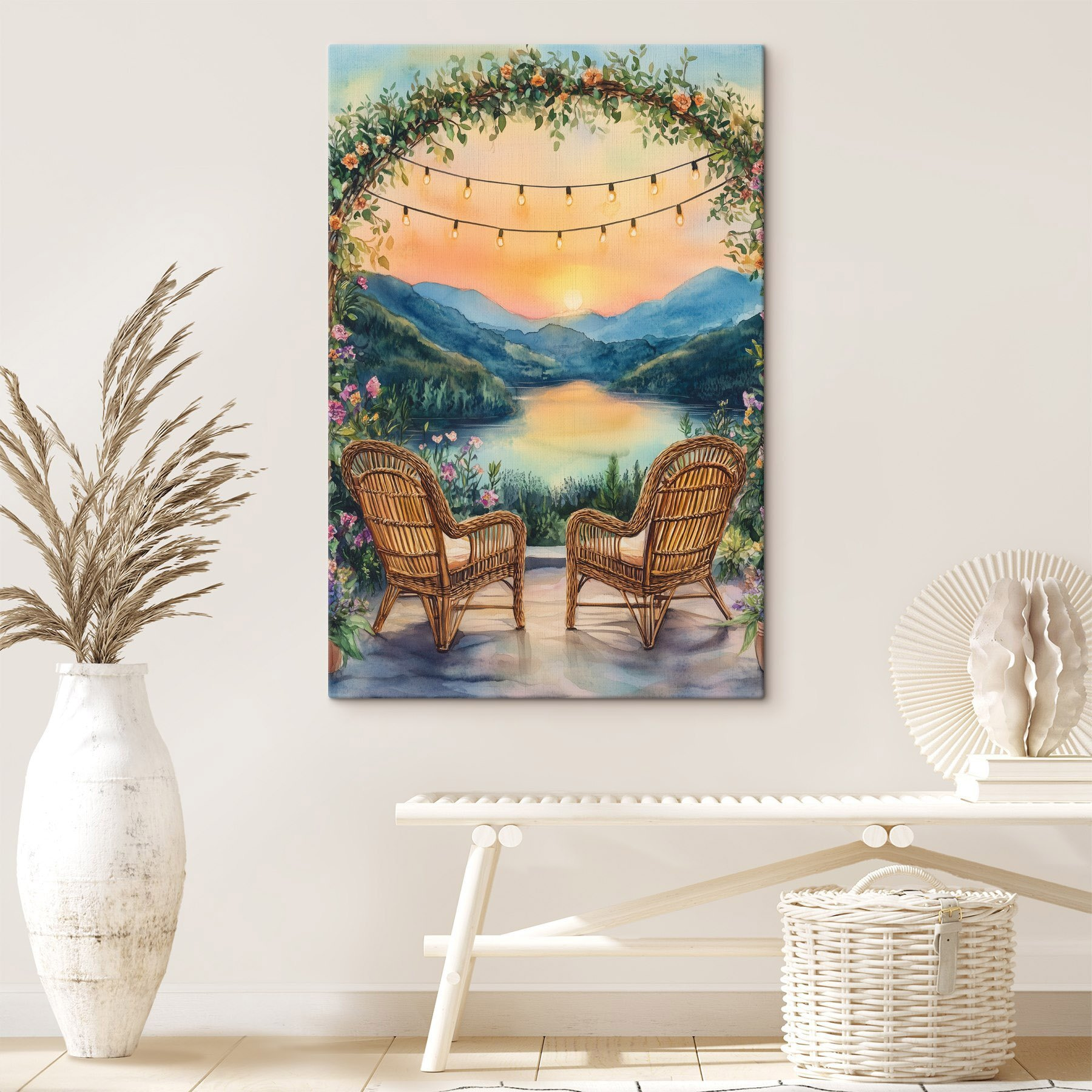 Painting of chairs and a lake