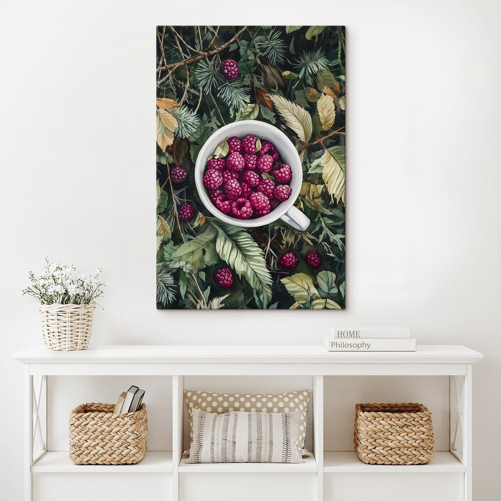 Cup of raspberries on leaves Cup of raspberries on leaves