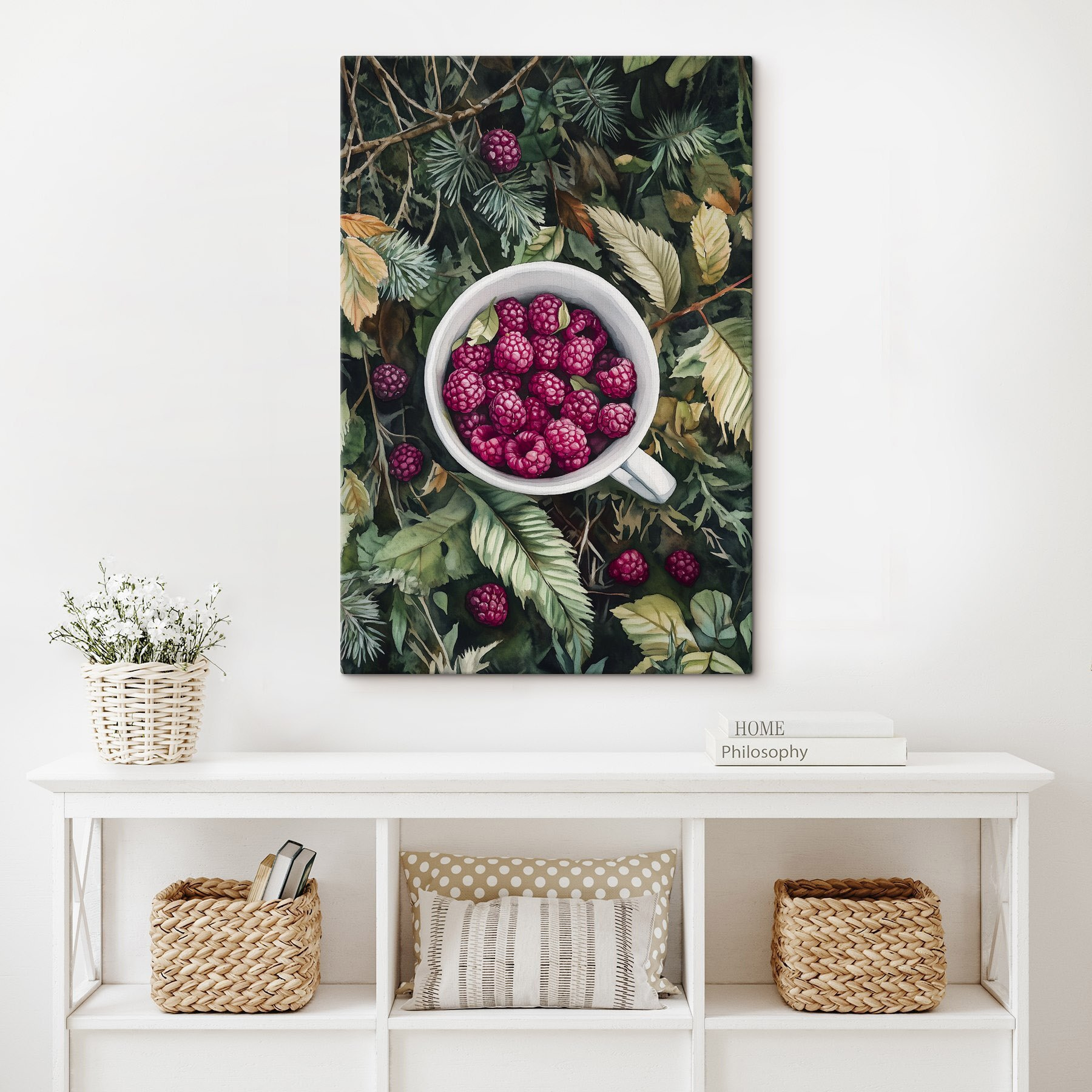 Cup of raspberries on leaves Cup of raspberries on leaves