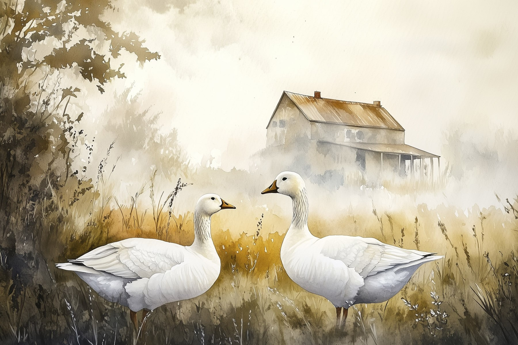 Watercolor of two geese in a field Watercolor of two geese in a field