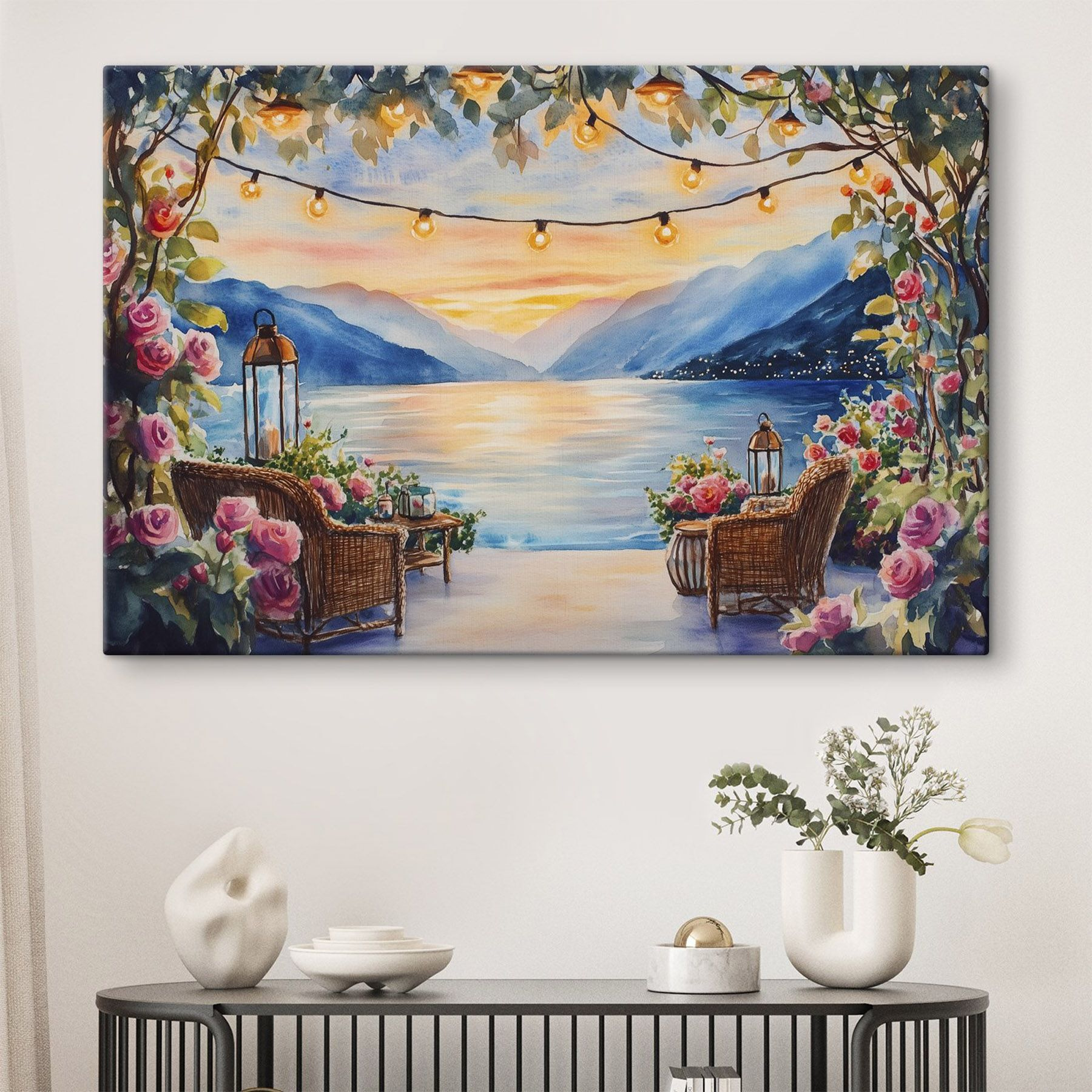 Watercolor painting of a deck with chairs and flowers and lights from a string