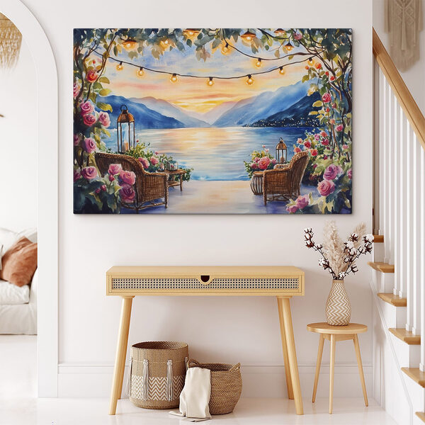 Watercolor painting of a deck with chairs and flowers and lights from a string