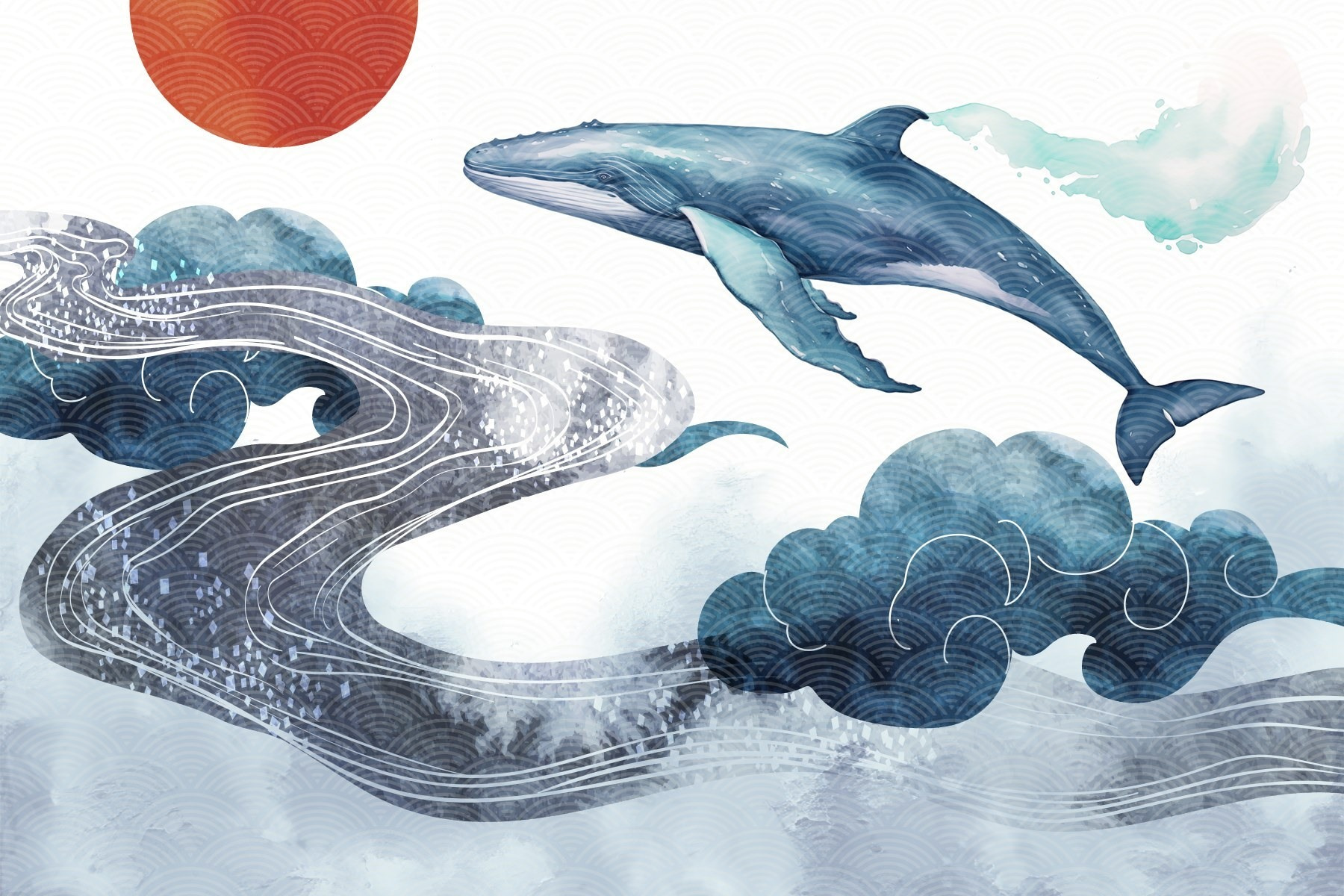 Whale and water with a red sun Whale and water with a red sun