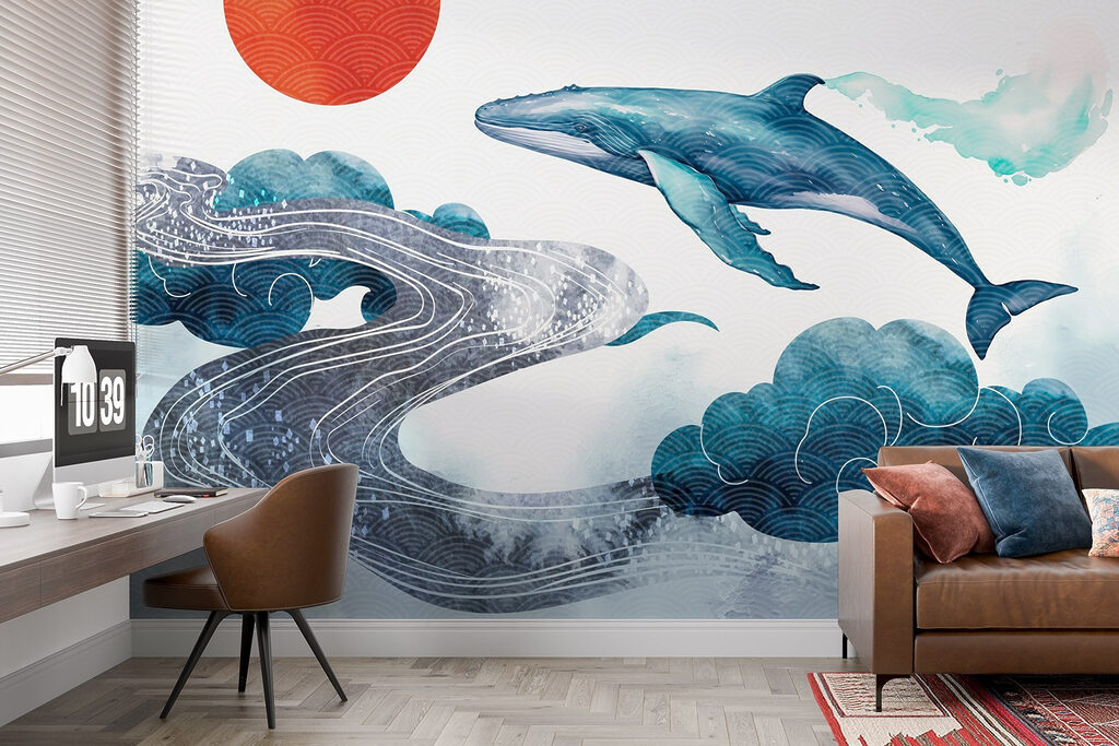 Whale and water with a red sun Whale and water with a red sun