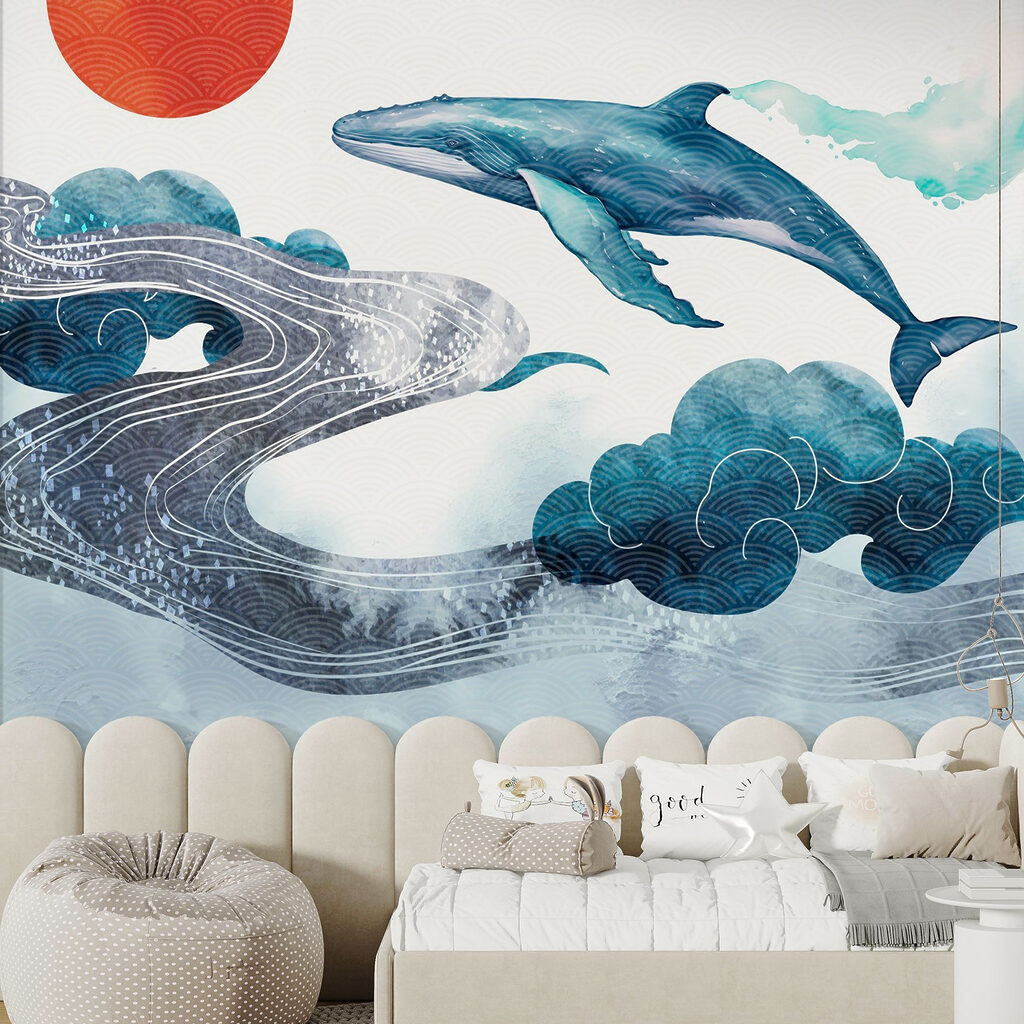 Whale and water with a red sun Whale and water with a red sun