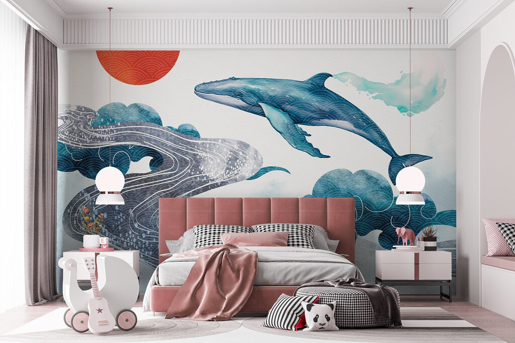 Whale and water with a red sun Whale and water with a red sun