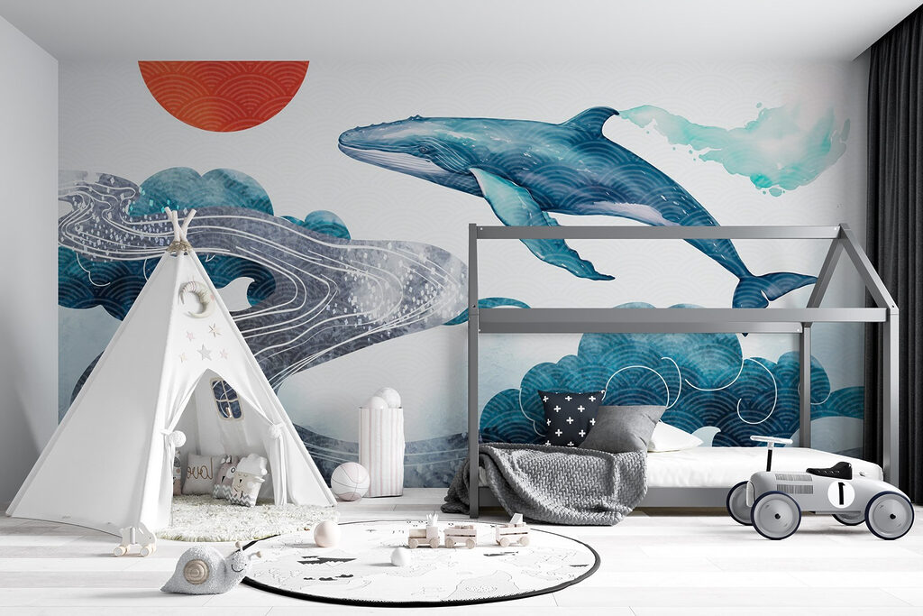 Whale and water with a red sun Whale and water with a red sun